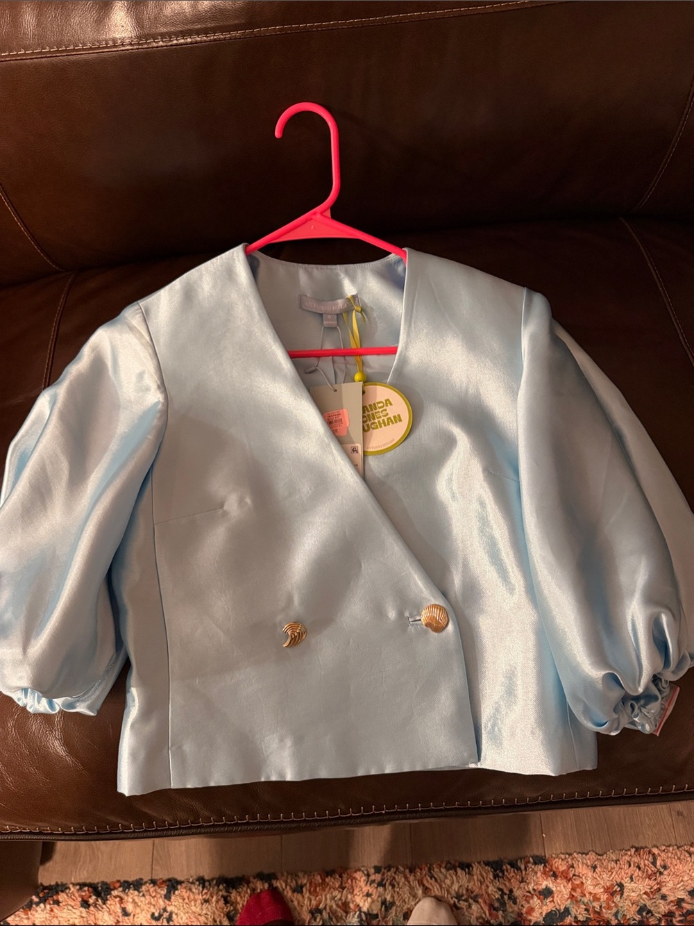 ANTONIO MELANI Light Blue Satin Double-Breasted Crop Blazer